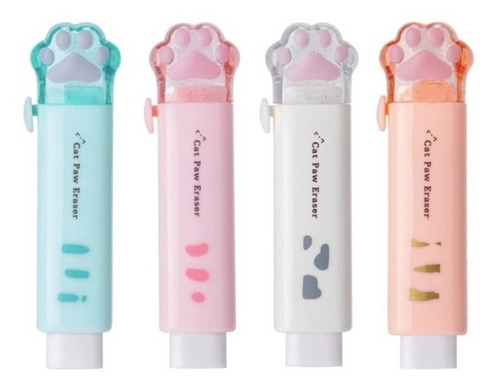 4 Gomas De Borrar Retráctiles Huellita De Gato Kawaii Pastel