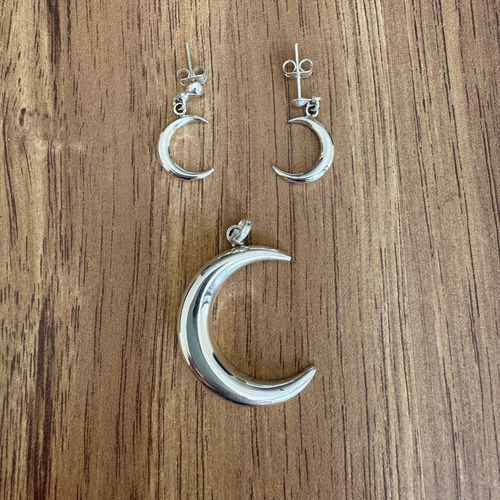 Dije Y Aretes Luna Lisa De Plata .925 Mujer Agálea