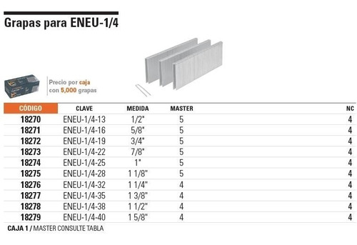 Grapa Para Grapadora Neumática 1/2  Cal. 18 18270 Truper