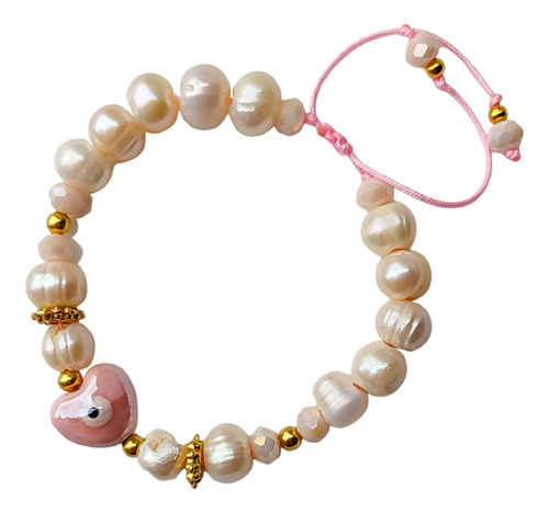 Pulsera Ajustable Con Perla Natural, Cristal Y Chapa De Oro