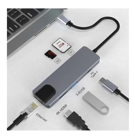 Hub Tipo C 6 En 1 Adaptador Con Puerto Ethernet Hdmi Sd Tf
