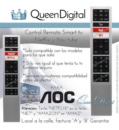 Imagen 3 de 10 de Control Remoto Para Smart Aoc Plateado 4k Netflix You Tube