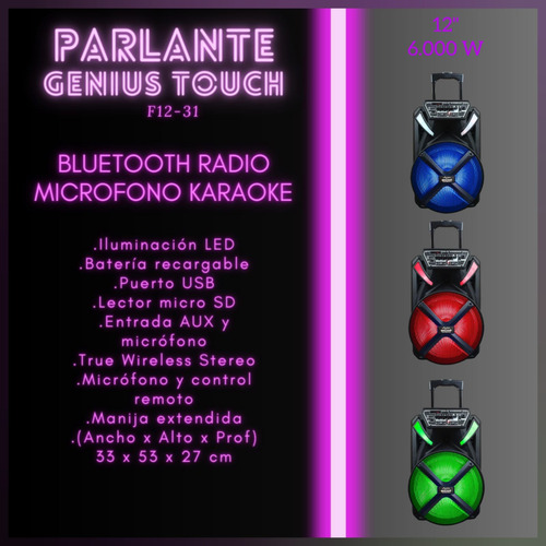 Parlante Genius Touch F12-31 Bluetooth Microfono Luces 6000w