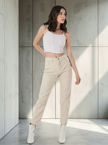 Jean Mom De Mujer Beige Rigido Tiro Alto Dama Tendencia