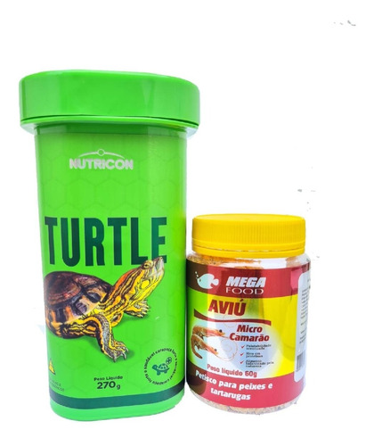 Ração tartaruga Nutricon Turtle 270g más petisco micro camarão Mega Food Aviu 60g