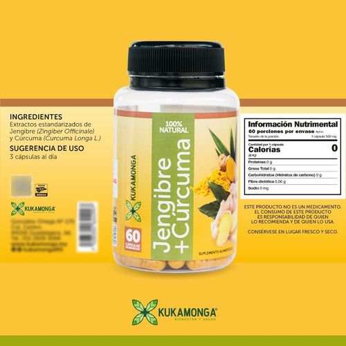Suplemento en cápsula Kukamonga Suplemento Jengibre + Curcuma x 60g