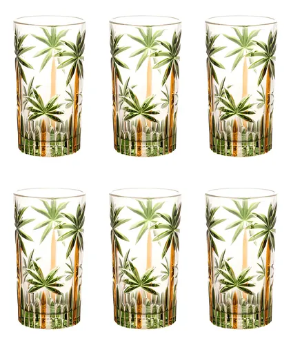 JOGO COPO 6 UND PALM TREE COQUEIRO WOLFF CRISTAL 360 ML COR TRANSPARENTE E VERDE