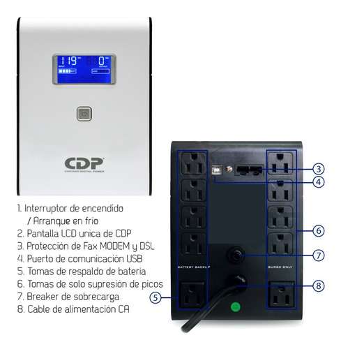 Ups Interactiva Cdp R-smart 1210, 1200va/720w, 10 Tomas, Lcd