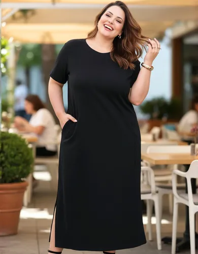 Vestido Feminino Plus Size Longo Casual Moderno Com Bolso