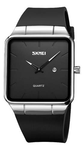 Reloj Unisex Skmei 1961 Silicona Fecha Minimalista Clasico Malla Negro Bisel Plateado Fondo Negro