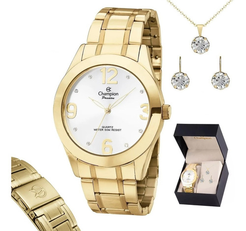 Relógio Dourado Champion Feminino Com Strass Kit Joia Brinde