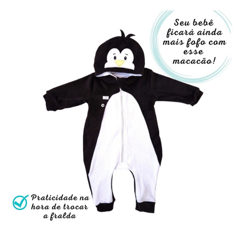 Imagem 2 de 8 de Macacão Para Bebê Pinguim Plush Com Ziper E Capuz Bichinhos