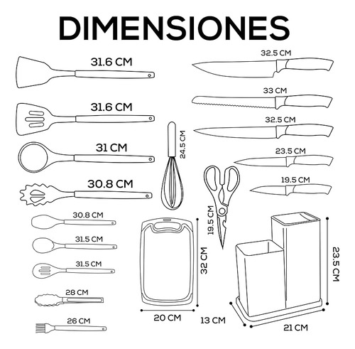Juego De Utensilios De 19 Piezas | Espátulas Con Cuchillos Y