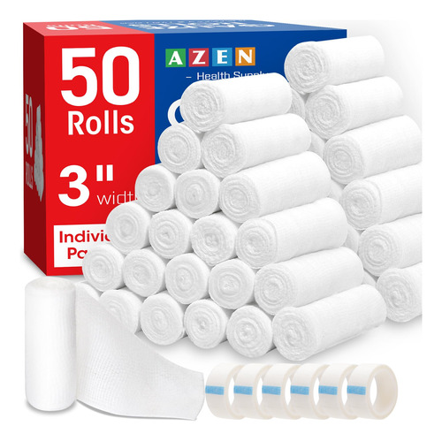 Azen Paquete De 50 Rollos De Gasa, 3 Pulgadas X 4.1 Yardas,