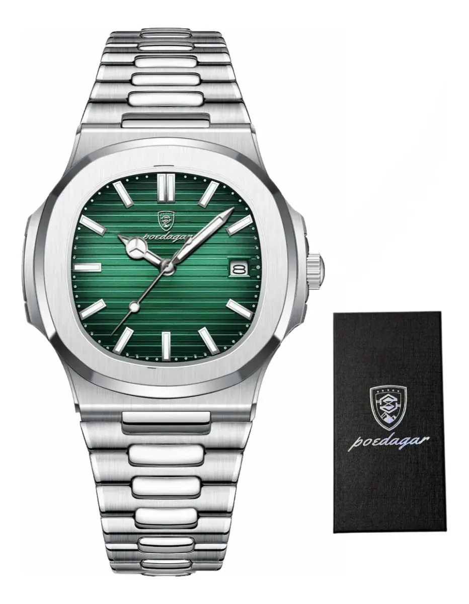 Relógio De Luxo Poedagar Masculino Aço Inoxidável Old Money Prateado Verde