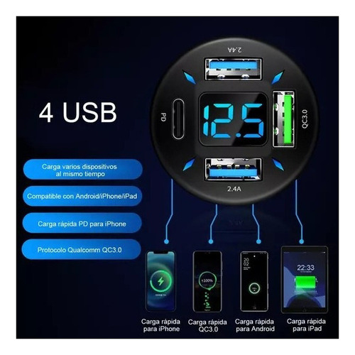Cargador Para Auto 62w Tipo C Carga Rapida Pd|qc 3.0|4usb