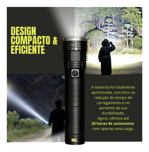 Rws Lanterna Tática Militar Recarregável Super Potente Com Zoom 2000 Lúmens Luz Branca Cor Preta 2 Km