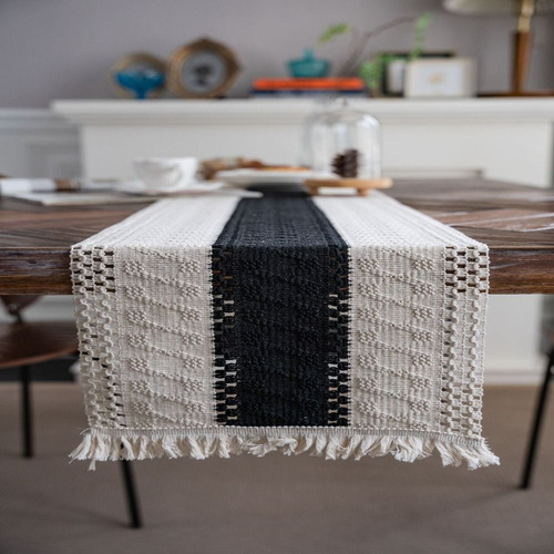 Bandera De Mesa Con Borlas De Algodón Y Lino Negro/gris