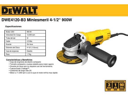 Esmeriladora Angular 4 1/2¨dewalt Dwe4120x-b3 900w+3 Discos