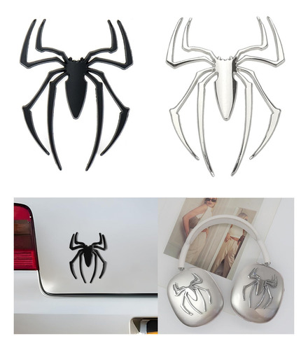 Douad 2 Calcomanías Metálicas 3d De Araña Negra/plateada - Adhesivo Removible, Resistente Al Agua Y Calor. Ideal Para Autos, Motocicletas, Cascos, Audífonos.