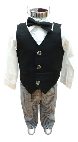 Set Camisa Manga Larga, Chaleco, Moño Y Pantalón Cuadro Niño