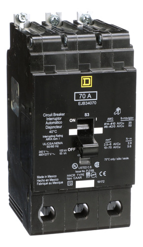 Ejb34070 Mini Circuit Breaker, E-frame, 70a, 3 Pole, 480y/2
