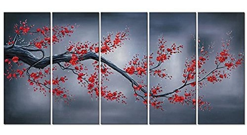 Wieco Art  Red Plum Blossom Moderna 5 Piezas Estirada Y Enma