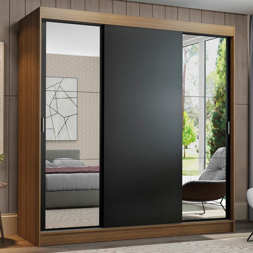 Guarda-roupa Casal Madesa Reno 3 Portas Correr Com Espelhos Cor Rustic/Preto 10957K2E