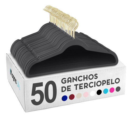 50 Ganchos Para Ropa Terciopelo Antideslizante Premium Color Gris