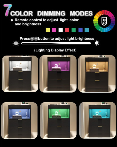 Mesita De Noche Led Con 2 Cajones Y Carga Color Negro