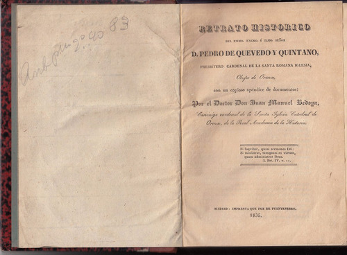 1835 Cardenal De Quevedo Y Quintano Bedoya Retrato Historico