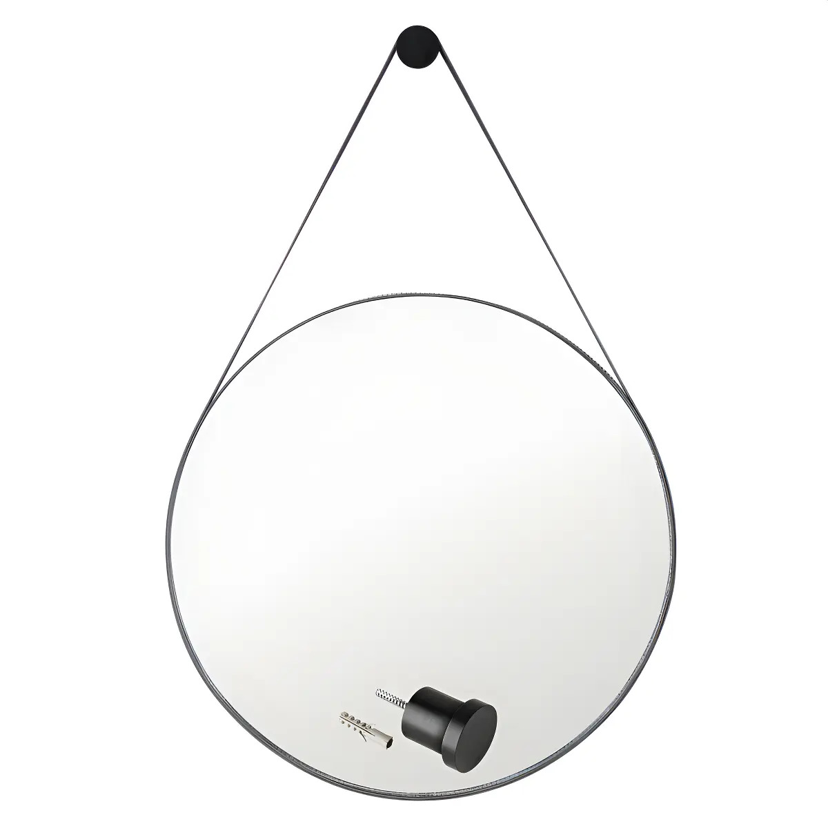 Espelho Decorativo Redondo 60cm Adnet Suspenso C/ Alça Couro Preto