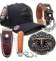 Comprar Kit Bone Cowboy American Cinto Couro  Fivela Bainha Canivete