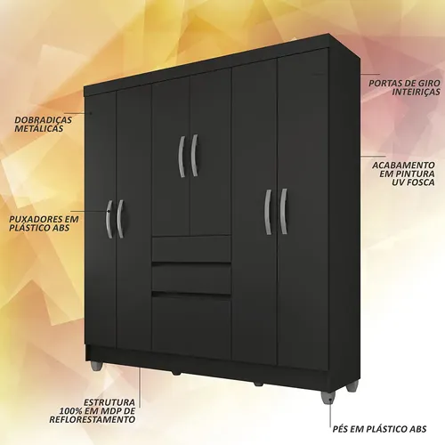 Guarda Roupa Casal Preto Fosco 7 Portas Móveis Arapongas Lia MDP