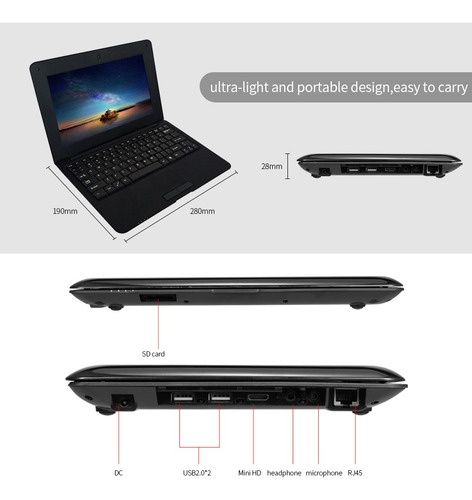 10.1 Pulgadas Portátil Netbook Acciones S500 1,5 Ghz Brazo