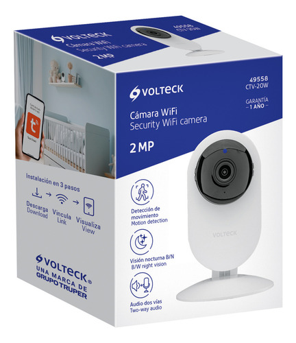 Cámara De Seguridad Wifi, 2 MP, Fija, para interior, Volteck CTV-20W, Color Blanco