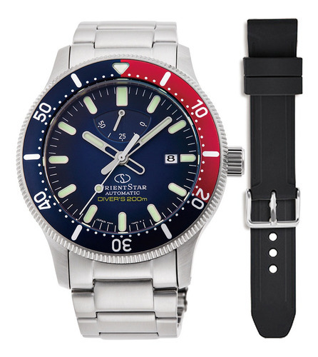 Relógio Orient Star Diver Automático Re-au0306l00b In Japan Cor Da Correia Prateado/preto Cor Do Bisel Azul/vermelho Cor Do Fundo Azul