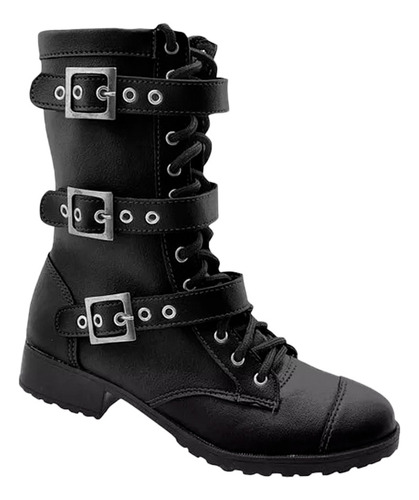 Bota Coturno Punk Rock Estilo Militar 3 Fivelas Cano Médio