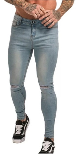 Jean Chupin Celeste Hombre Elastizado Pantalon Premium