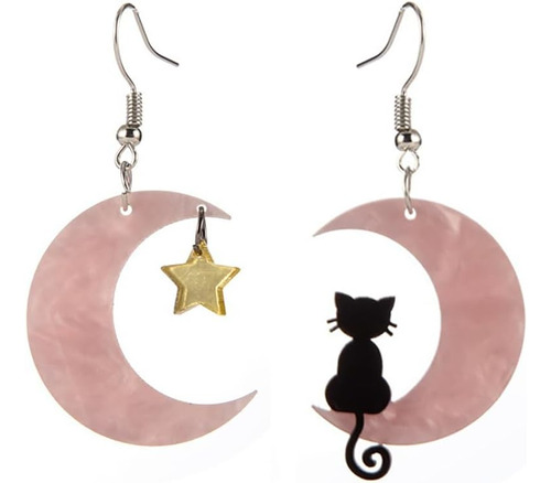 Pendientes De Gato Negro En La Luna Para Mujer, Pendientes C