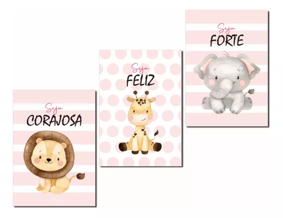 Quadros Decorativos Tema Safari Baby Leão Rosa Trio 20x28