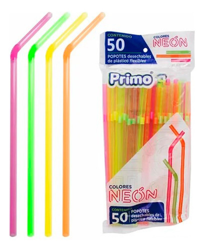 Popote Neón Flexible Desechable 50 Popotes Primo