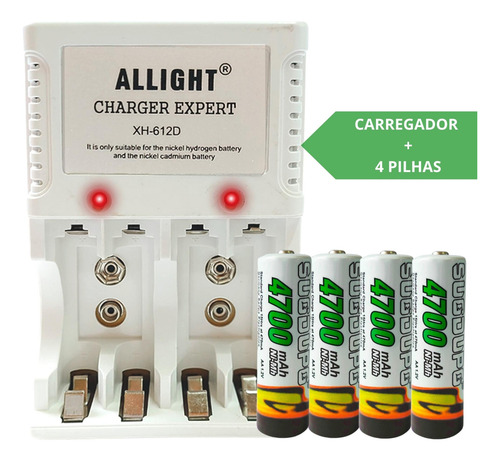 4 Pilha Recarregável Aa + Carregador Rápido Bivolt