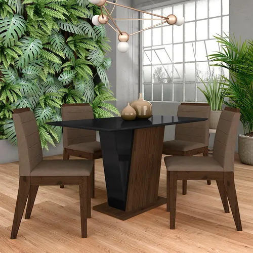 Conjunto Sala De Jantar Indonesia C/vidro 8 Cadeiras Cor Imbuia/preto/preto 06 Desenho do