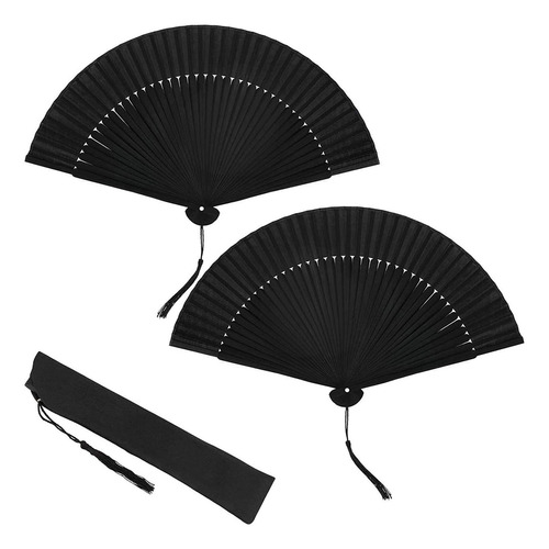 2 Ventilador De Mano Abanico Chino Plegable De Bambú Negro