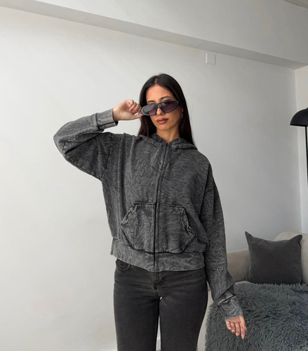 Campera Buzo Jaspeado Con Capucha Mujer Moda Vintage Premium