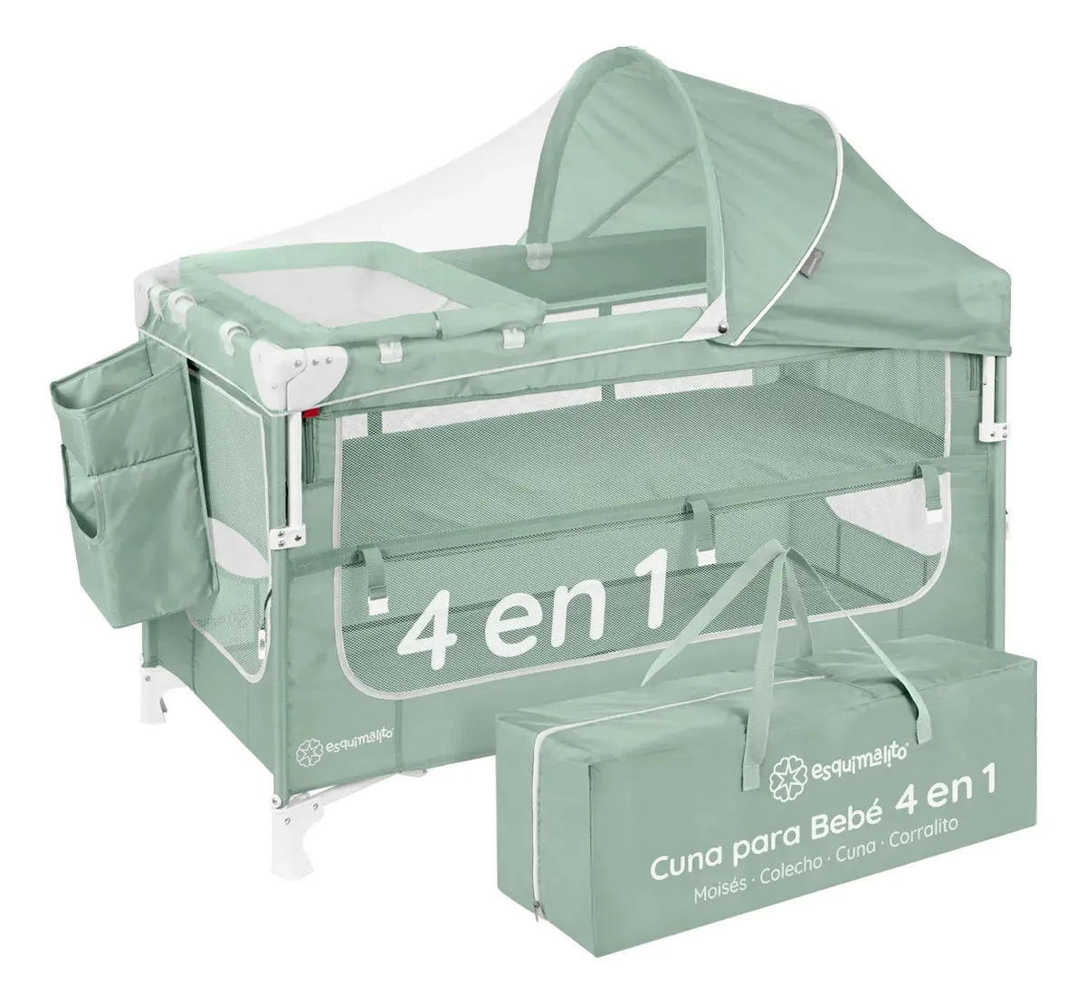 Cuna Para Bebé 4 En 1 Esquimal | Colecho, Moisés, Cama De Viaje Y Corral De Juegos | Plegable Y Portátil Con Toldo, Mosquitero Y Cambiador ( Verde )