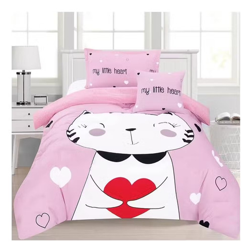 Cobertor Cubrecama Con Chiporro 1.5 Plazas Infantil Niñas-os Gatita Little Heart