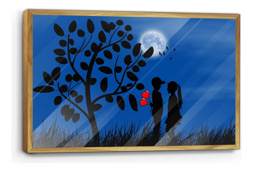 Cuadro De Madera Con Poster Pareja A La Luz Luna 45x70cm