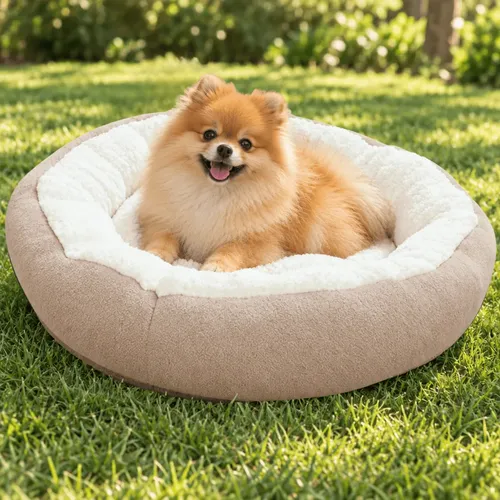 Cama Redonda 50cm Sherpa Pelúcia Com Refil Para Cães E Gatos Avelã Liso